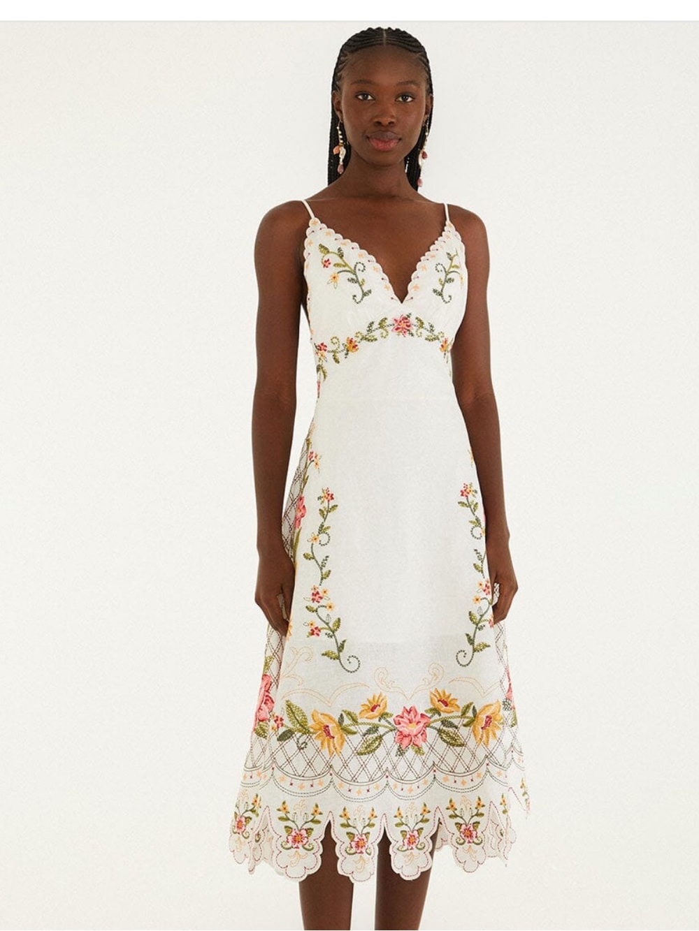 Off-White Flower Embroidery Asymetric Hem Midi Dress